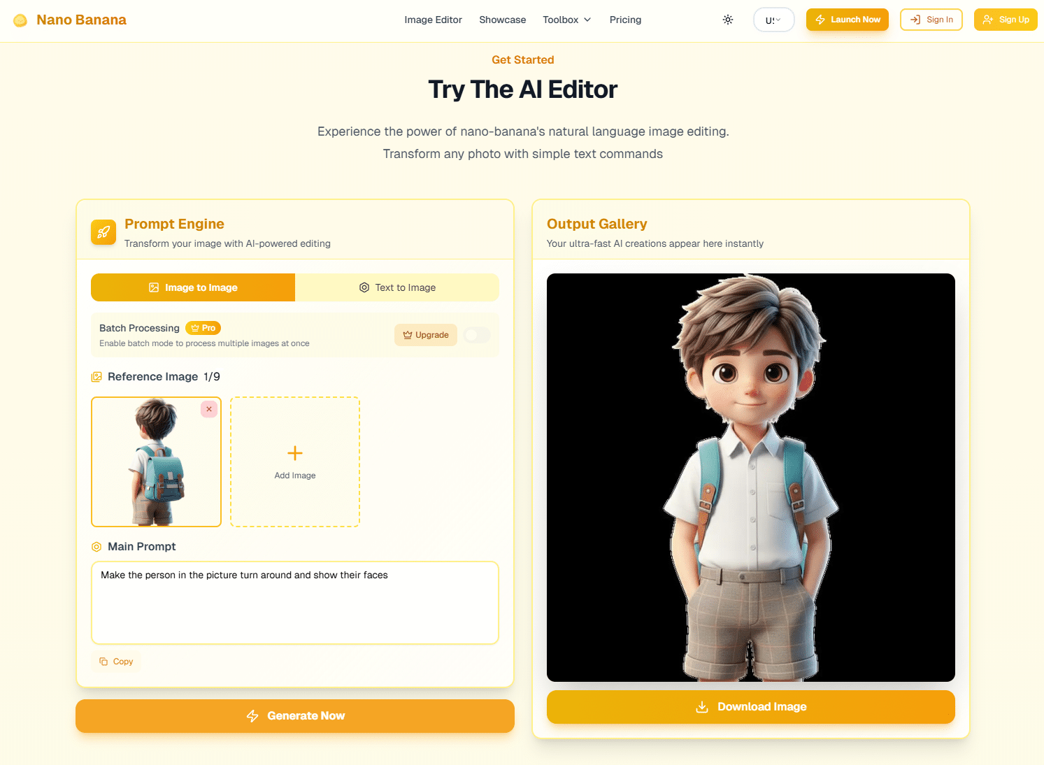 Nano Banana AI image editor — back-facing character input